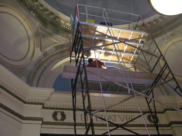 Interior ceiling of Orange Public Library during restoration process. Historic Restoration