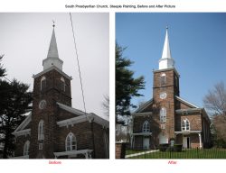 before and after picture of church steeple showing the paint renovation by alpine painting