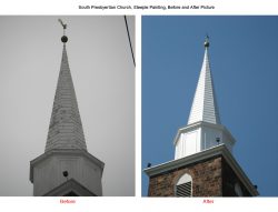 repainting of church steeple, picture comparing before and after restoration