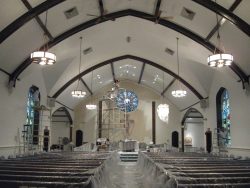 Front view of interior of St Mary's Church during painting. 