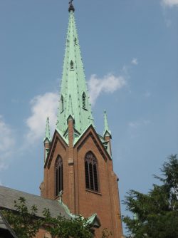 View of cathedral steeple from Washington Street.